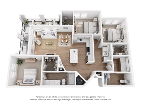 A 3D floor plan of a house with a kitchen, living room, and bedrooms.
